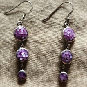 Sterling Silver 925 Purple Mosaic Inlay Dangle Earrings